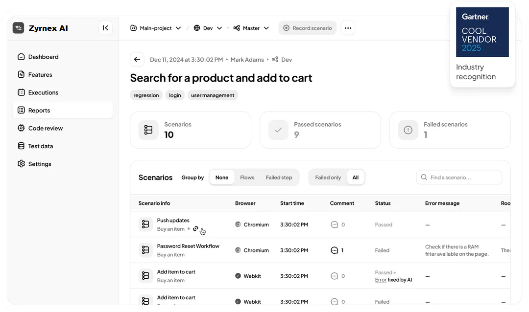 Product screenshot showcasing test report interface